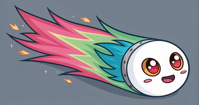 Happy flying meteor cartoon character with vibrant pink and green flame tail sticker. Kawaii cosmic fireball mascot with cheerful face zooming through space vector graphic
