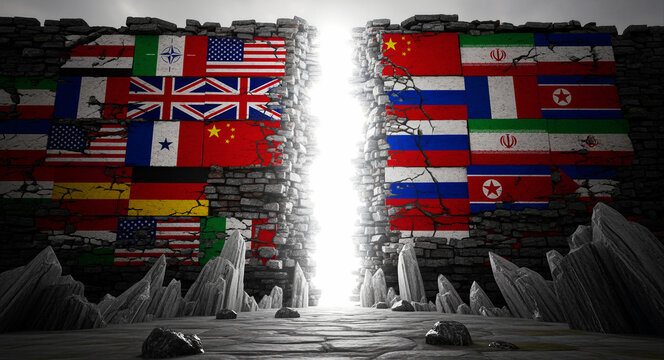 Stone wall with world flags split by a bright light gap. Broken masonry representing geopolitical tensions between Western and Eastern nations. Global conflict concept for news and political analysis.