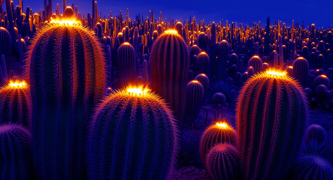 Glowing cacti field illuminating a dark desert night. Vibrant golden light shines from succulent tops against a blue sky. Surreal fantasy nature concept, ideal for creative backgrounds and digital.