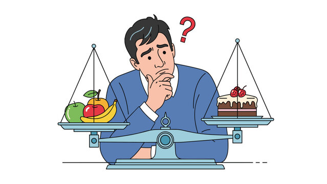 Thoughtful man standing behind a scale while deciding between choosing healthy fresh fruit or a sweet sugary cake.