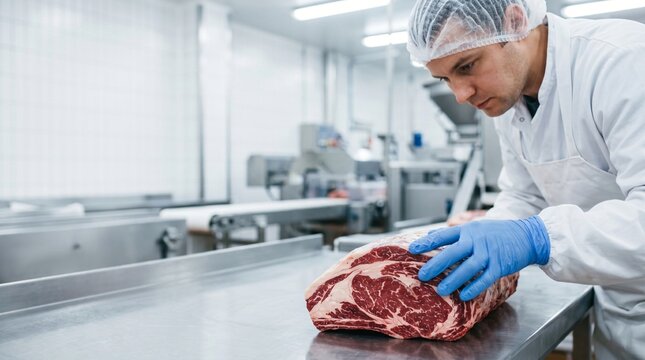 Butcher inspecting raw beef prime rib in sterile processing facility Meat