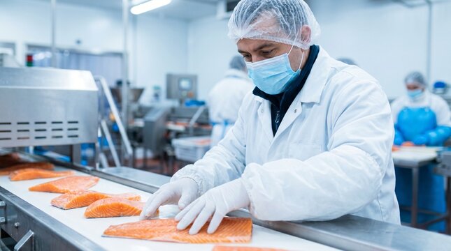 Factory worker in protective gear processing salmon fillets on an industrial conveyor belt