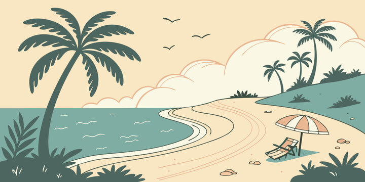 Minimalist tropical beach scene illustration with a lone lounge chair and parasol under palm trees facing a curved ocean bay and soft clouds tropical vacation umbrella coastline landscape