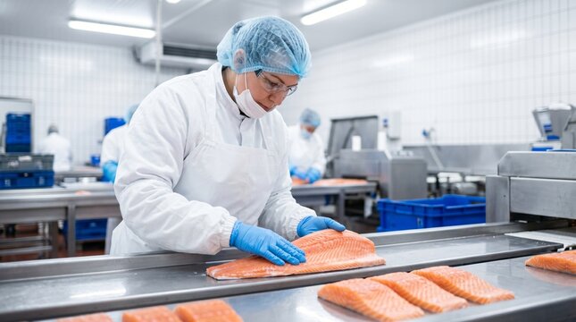 Food processing worker in protective clothing inspecting raw salmon fillets on a conveyor belt