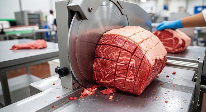 Large primal cut of raw beef being sliced by an industrial meat cutter in a processing facility