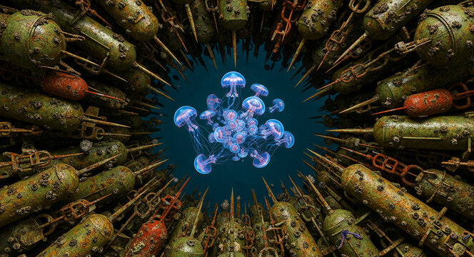 Glowing blue jellyfish swim inside a circle of rusty naval mines. Bioluminescent creatures surrounded by decaying explosives in the deep ocean. Environmental impact and war concept for conservation.