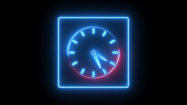 Glowing neon red and blue color clock icon animation watch stopwatch timer circle wall clock clock dial fast minute hours icon seamless effect footage on black background