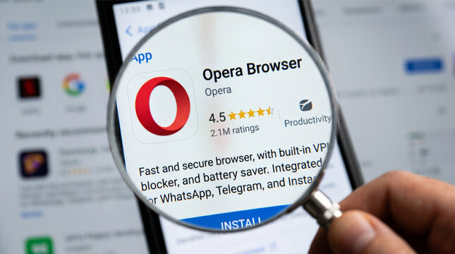 Closeup of a hand holding a magnifying glass over a smartphone displaying the Opera Browser app store page with its red logo, user ratings, and install button for secure mobile web surfing and VPN.