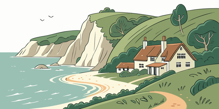 Large traditional cottage on a green coastal hillside next to white cliffs and a sandy beach illustration with real estate illustration landscape architecture building residential vacation
