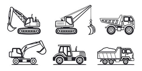 Set of construction heavy machinery icon illustrations including excavators cranes dump trucks for site work projects construction excavator machinery equipment industrial building © Mamun