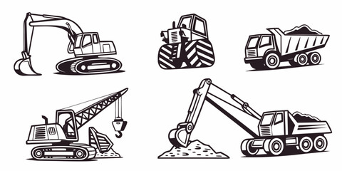 Graphic illustration set of detailed heavy duty industrial vehicles including multiple excavators bulldozer dump truck and crawler crane with construction excavator bulldozer industry equipment © Mamun