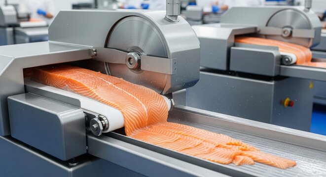 Industrial salmon processing automated slicing of fresh fish fillets on a conveyor belt