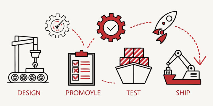 Product development process steps icon set for manufacturing with production manufacturing industrial shipping logistics clipboard automation engineering business workflow development