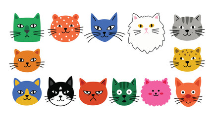 Fototapeta premium Collection of diverse cartoon cat faces in various colors and patterns isolated on white background