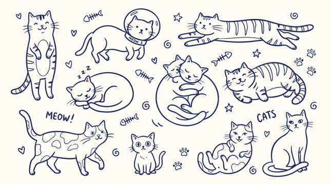 Cute Cat Doodle Sticker Set &ndash; Hand Drawn Line Art Kitten Pose Collection Vector Illustration