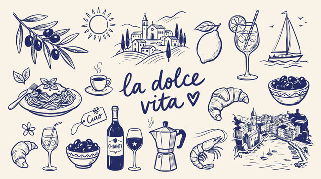 Charming collection of Italian lifestyle elements depicting la dolce vita with food and scenery