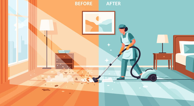 Woman vacuuming dusty room, before and after cleaning comparison