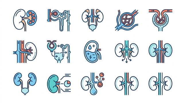 Collection of Medical Illustrations of Human Kidneys and Urinary System Anatomy.