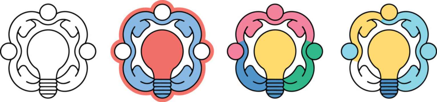 Crowdsourcing icon set with diverse style variations for teamwork, public contribution, problem solving, collaboration, and knowledge sharing, vector