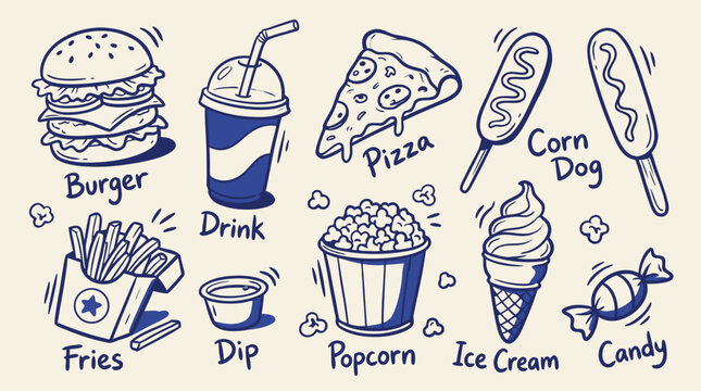 Collection of fast food icons with doodles and handdrawn style on a light background