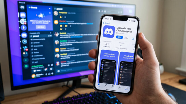 Closeup of a hand holding an iPhone displaying the Discord app page on the App Store with a blurred computer monitor in the background showing the Discord desktop client social media interface