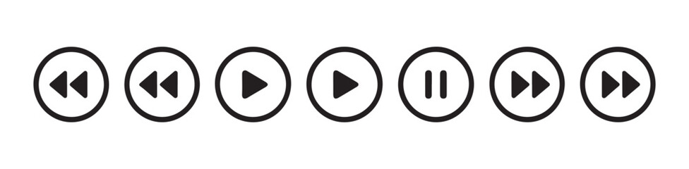 Round media player button set featuring playback controls for forward backward pause and play action. © Mojnur