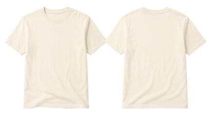 a blank cream or beige cotton t-shirt showcasing both front and back views with transparent background