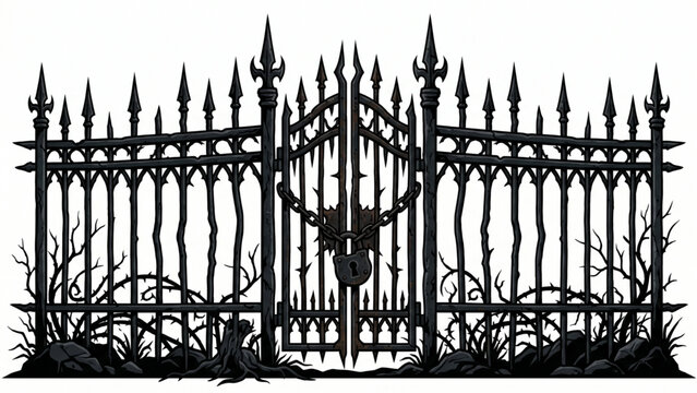 Gothic black iron gate with padlock vector illustration