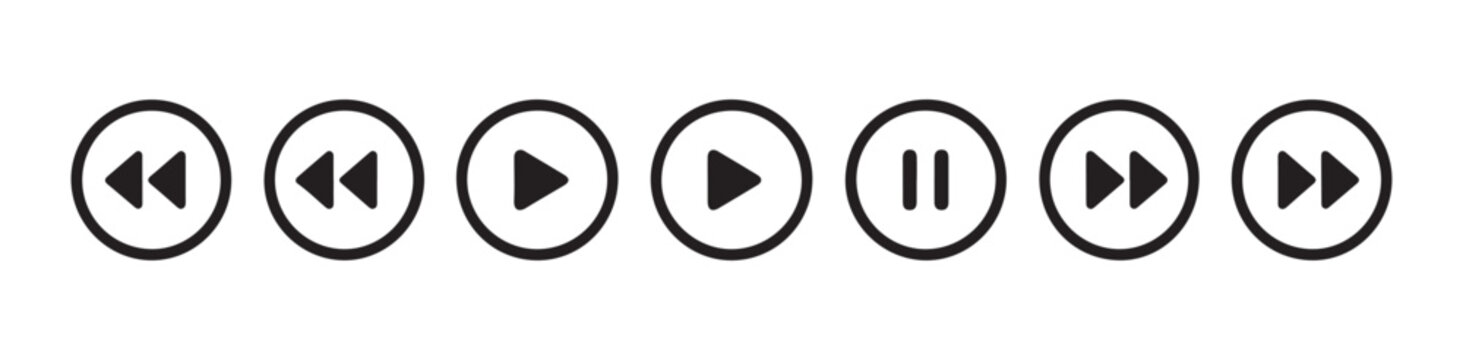 Round media player button set featuring playback controls for forward backward pause and play action.