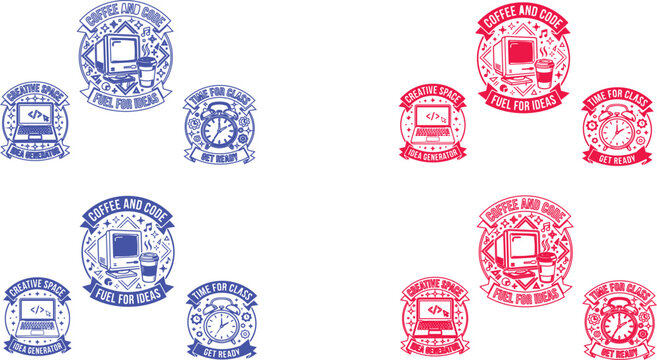 Tech and coffee sticker set. Retro computer badge designs with coding laptop, alarm clock, and coffee cup icons.computer, laptop,