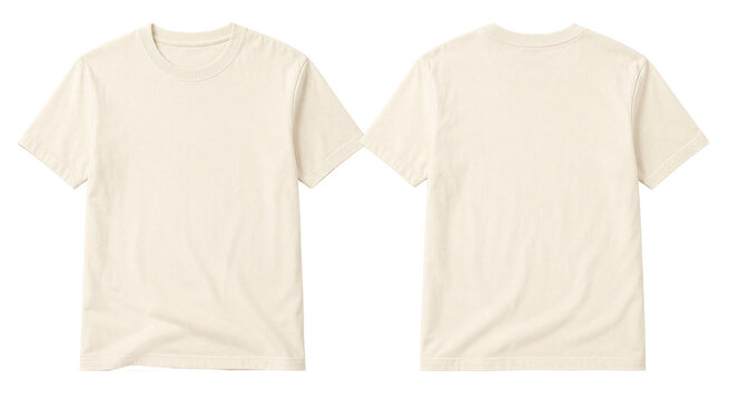 a blank cream or beige cotton t-shirt showcasing both front and back views with transparent background