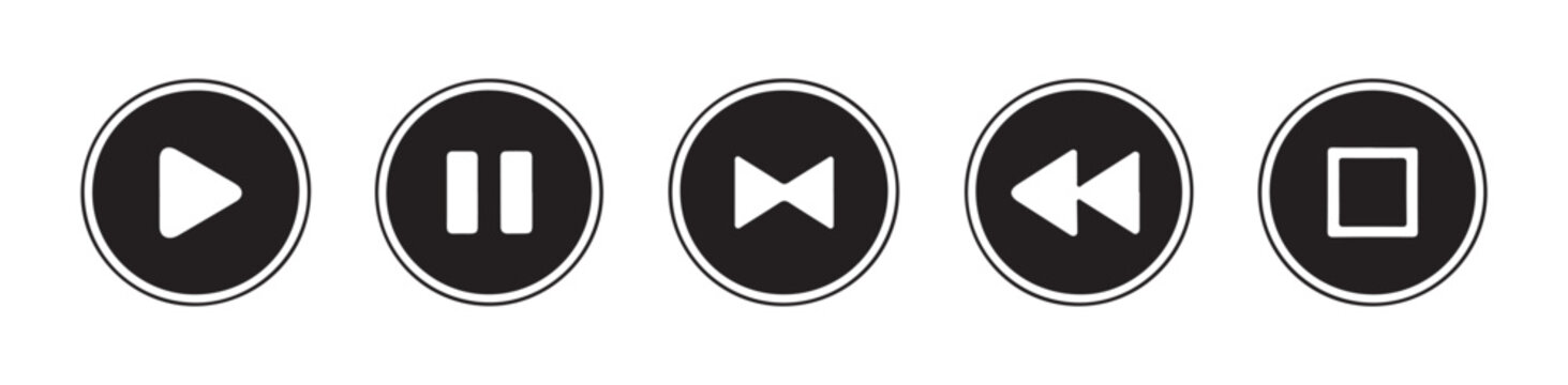 Media player control button set with play pause and skip icons for digital user interface design work.