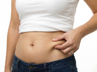 Naklejka premium Woman pinching abdomen skin showing body fat and jeans image