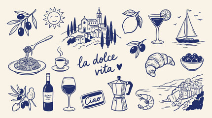 Collection of Italian themed handdrawn illustrations featuring food drinks and landmarks © Amirul