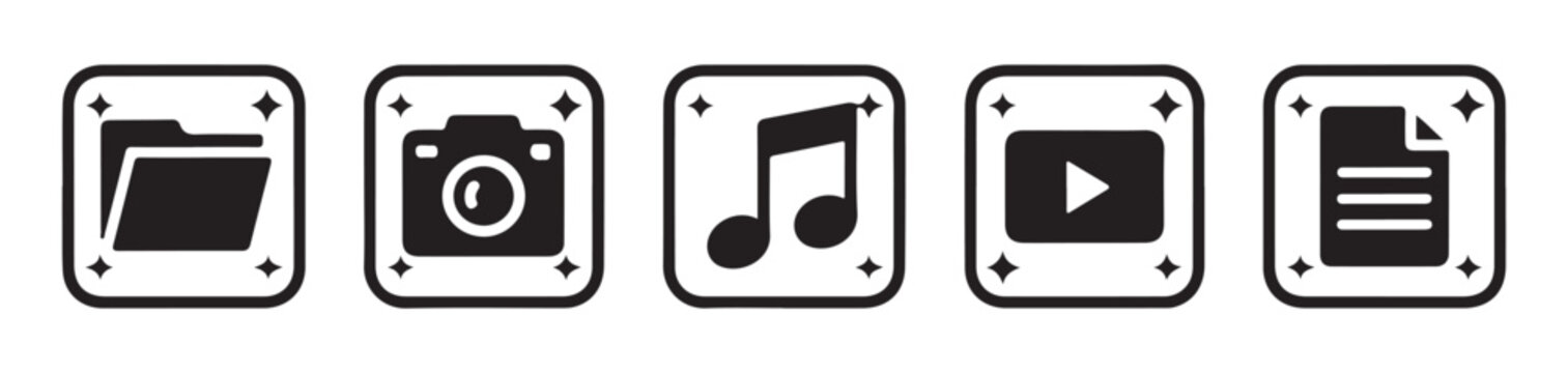 Modern file format icons set with folder photography audio video and text documents in square frames.