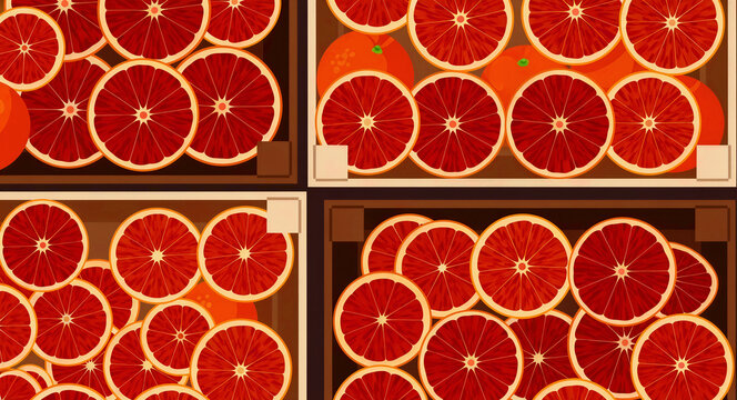 Top view vector illustration of sliced blood oranges in wooden crates. Red citrus fruits are neatly arranged showing internal segments. Fresh produce concept for food packaging and grocery marketing.