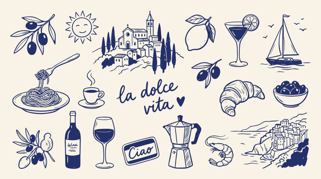 Collection of Italian themed handdrawn illustrations featuring food drinks and landmarks