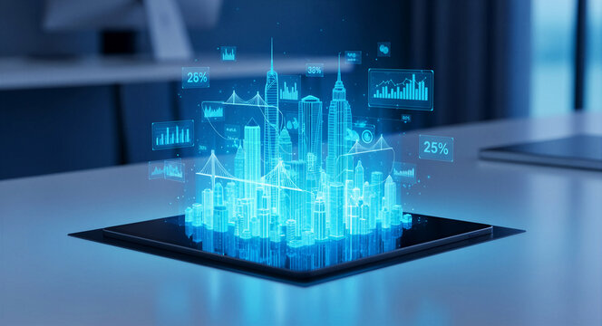 Futuristic 3D smart city hologram on a digital tablet. Blue wireframe buildings with glowing data charts and analytics. Digital twin concept for urban planning and technology marketing.