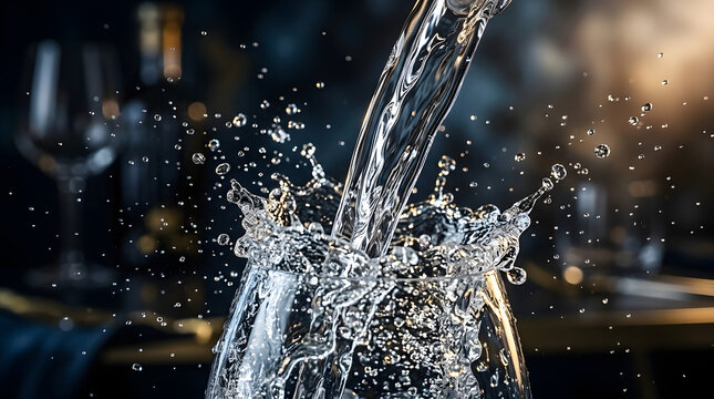 Fresh water pouring into crystal glass with dynamic splash effect.