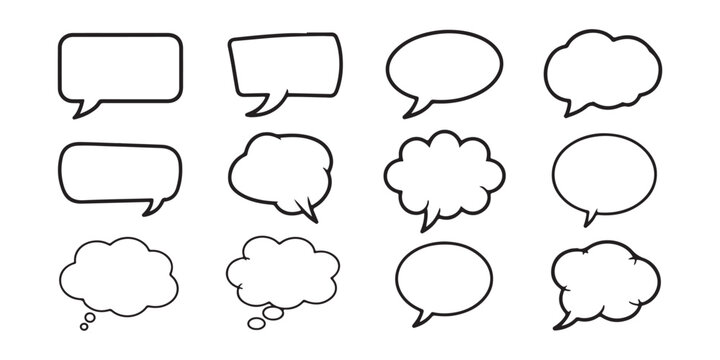Set of blank black outline speech bubbles in various shapes on transparent background for text.