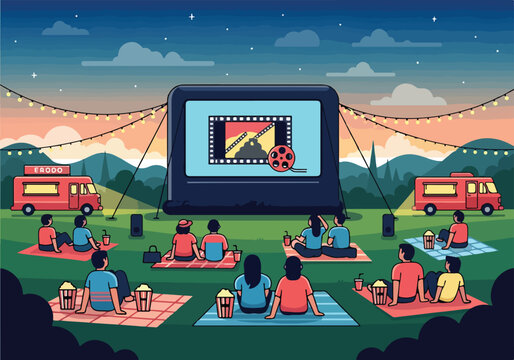 Outdoor movie night with people sitting on blankets
