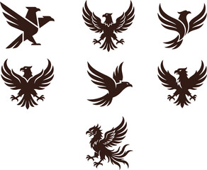 Naklejka premium Six brown bird silhouettes in various flying positions on white