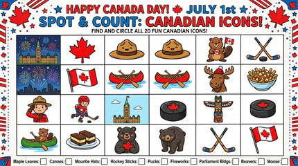 Naklejka premium Canada Day worksheet cartoon icons