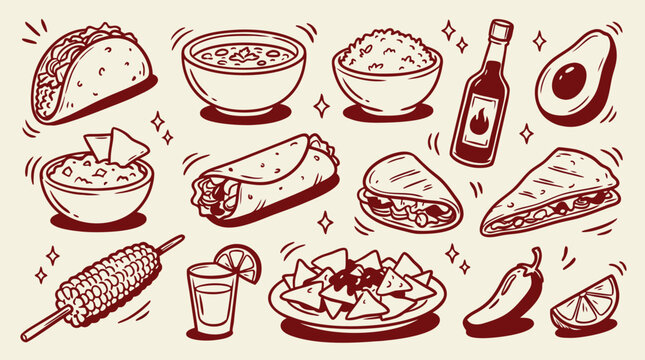Delicious Mexican food doodles including tacos burritos quesadillas nachos and drinks