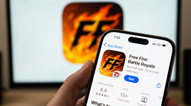 Closeup of a hand holding a smartphone displaying the Free Fire Battle Royale app store page with a computer monitor in the background showing the Garena mobile gaming logo for online esports app