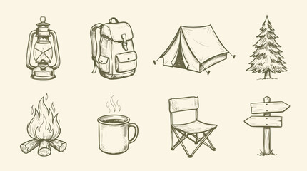 Set of handdrawn camping equipment illustrations including a lantern backpack tent and campfire © Amirul