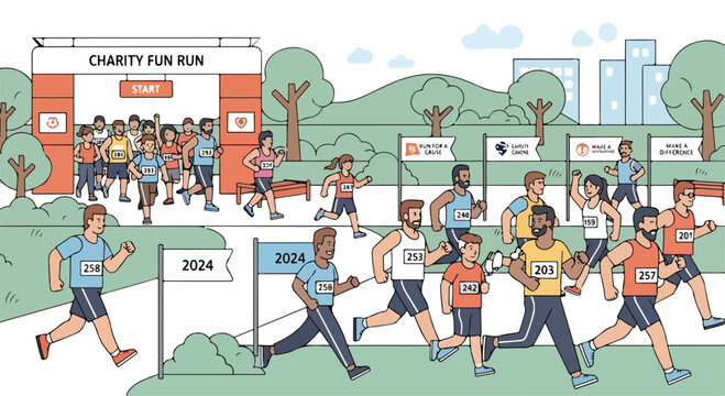 Illustration of a charity fun run event with diverse runners