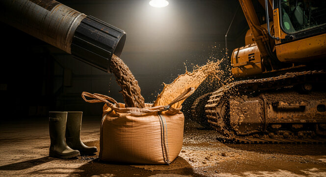 Industrial pipe pouring thick slurry into a large bulk bag. Excavator machinery works in a dark construction environment. Waste management concept, ideal for industrial site marketing campaigns.