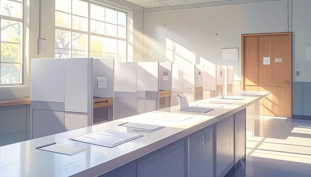Sunlit Voting Station with Privacy Booths and Ballot Envelopes