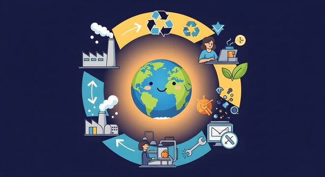 A global business concept illustration featuring the earth globe in the sky as a symbol of world technology, network communication, and planetwide travel